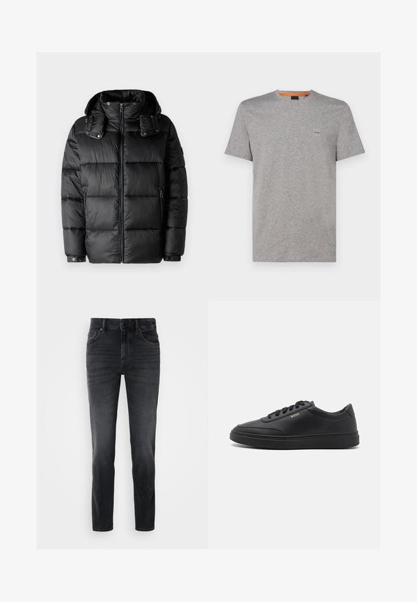 Zwarte pufferjack met een hoge kraag, ritssluiting aan de voorkant en twee zijzakken met rits. Heeft gewatteerde secties en knoopmanchetten. Gladde textuur.; Grijze katoenen t-shirt met een ronde hals, korte mouwen en een klein rechthoekig logo-opdruk in de bovenste linkerbovenhoek. Gestructureerde stof.; Zwarte denim jeans met een slim fit, voorzien van een middelhoge taille, klassiek vijf-pocket ontwerp en subtiele vervaging op de benen.; Zwarte leren sneakers met een gladde textuur, ronde neus, platte rubberen zool en tonale veters. Kenmerkt zich door de gouden "BOSS" branding aan de zijkant.