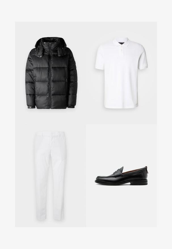 Musthave musta topp suleva kaelusega, lukuga ees ja kahe külgmise lukuga taskuga. Omab polsterdatud osi ja nööbiga mansette. Sile tekstuur.; Valge puuvillane polo-särk. Omab klassikalist kraed, kolme nupuga kinnitamist ja lühikesi varrukaid. Rinnal on diskreetne tikitud logo.; Valged kitsad püksid vööaasad ja küljetaskutega, laotatud laiali helel taustal.; Mustast nahast meeste mokasiin, millel on moc varbaõmblus, penny rihm, tekstuuriga krae ja madal virnastatud konts valgel taustal.