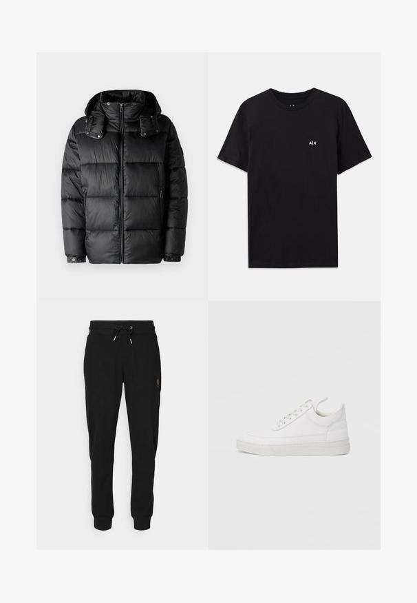 Musthave musta topp suleva kaelusega, lukuga ees ja kahe külgmise lukuga taskuga. Omab polsterdatud osi ja nööbiga mansette. Sile tekstuur.; Must mustaga lühikeste varrukatega T-särk, ümar kaelus, mille vasakul rinnal on väike valge "A|X" logo. Sile tekstuur.; Mustad mustadest pükstest, mis on valmistatud pehme kangaga, elastse vöökoha ja nööriga, küljetaskutega ning vasakul jalal kuldse logo aktsendiga.; Valge nahast tennisking ümarate varvastega, tasase tallaga ja eespaelaga. Omab õmbluste detaile ning pehmet ääreosa mugavuse tagamiseks.