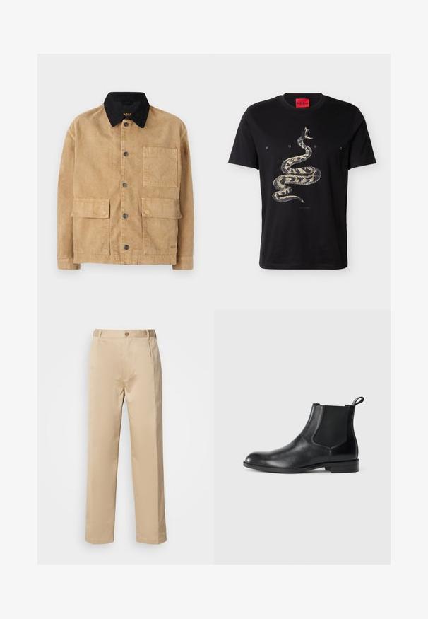 Veste en coton de couleur marron clair avec un col noir, dotée d'une fermeture à bouton sur le devant, de deux grandes poches avant et d'une poche unique sur la poitrine.; T-shirt noir à manches courtes avec un graphisme d'un serpent enroulé et le texte « HUGO » espacé sur la poitrine sous l'étiquette du col.; Pantalons beiges en tissu léger, avec une coupe droite, une taille avec passants de ceinture et une fermeture à bouton sur le devant.; Bottine en cuir noir avec des panneaux latéraux élastiques, bout rond et tirette. Texture lisse, semelle plate, design minimaliste.