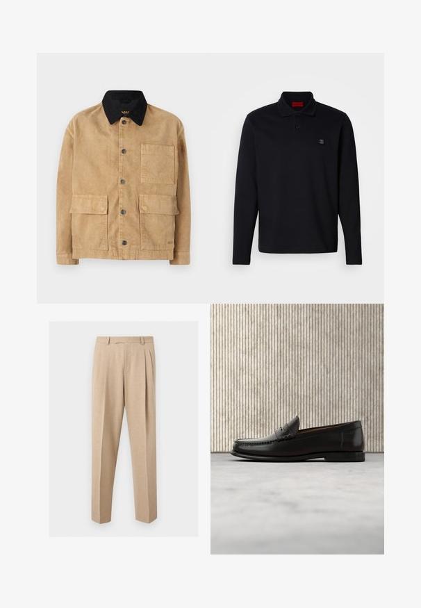 Veste en coton de couleur marron clair avec un col noir, dotée d'une fermeture à bouton sur le devant, de deux grandes poches avant et d'une poche unique sur la poitrine.; Polo noir à manches longues avec un col à revers, une patte de boutonnage et un petit logo brodé sur la poitrine gauche. Tissu doux au toucher.; Pantalon beige sur mesure avec plis sur le devant, passants de ceinture et jambes droites, présenté sur un fond clair et uni.; Mocassin penny en cuir noir avec talon bas, bout arrondi et détails cousus à l'avant et sur les côtés, présenté sur un fond neutre.