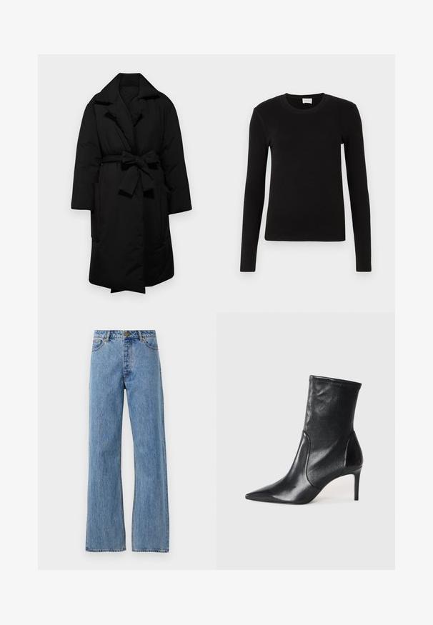 Schwarze gepolsterte Jacke mit Gürteltasche, weitem Kragen und langen Ärmeln. Verfügt über zwei seitliche Taschen und eine glatte, strukturierte Oberfläche.; Schwarzes langärmeliges T-Shirt aus weichem, glattem Stoff. Mit rundem Halsausschnitt und taillierter Form, ohne sichtbare Muster oder Akzente.; Helle blaue, hoch taillierte gerade Jeans mit Frontknopf, Reißverschluss und Fünf-Taschen-Design auf weißem Hintergrund.; Schwarze Stiefeletten aus glattem Leder, mit einer spitzen Zehe, schmalem Schaft und schlanker, hoher Ferse. Minimalistisches Design ohne sichtbare Beschläge.