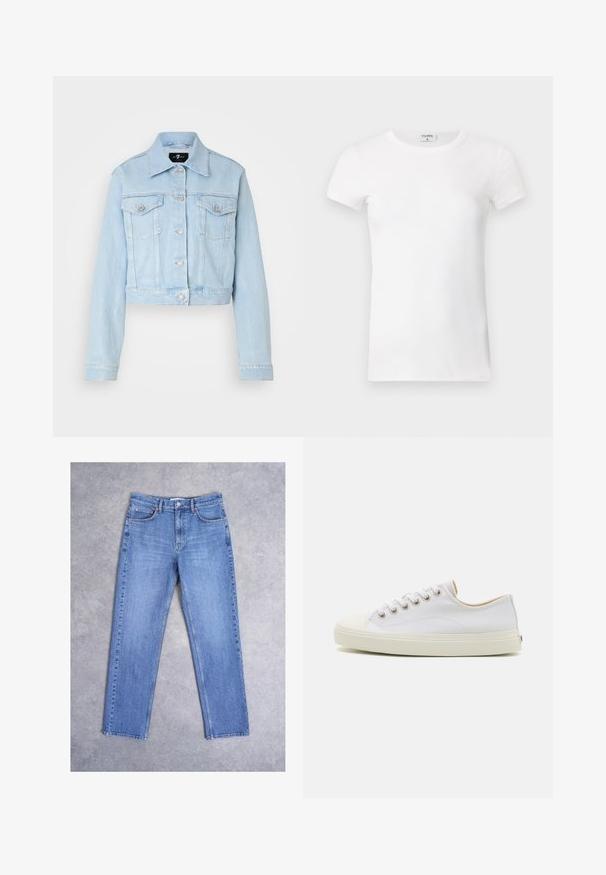 Lichtblauwe denimjasje met een cropped ontwerp, knoopsluiting, twee borstzakken en subtiele stikdetails. Klassieke kraag en lange mouwen.; Wit geribd T-shirt met korte mouwen en een ronde hals. De stof lijkt glad met een getailleerde pasvorm. Logo zichtbaar op de kraag.; Blauwe spijkerbroeken van denim met rechte pijpen, een sluiting met knopen aan de voorkant en een ontwerp met vijf zakken, plat gelegd op een grijze betonnen ondergrond.; Canvas sneakers in het wit met een ronde neus, vetersluiting aan de voorkant en een crèmekleurige rubberen zool. Bevat metalen oogjes en gestikte details.
