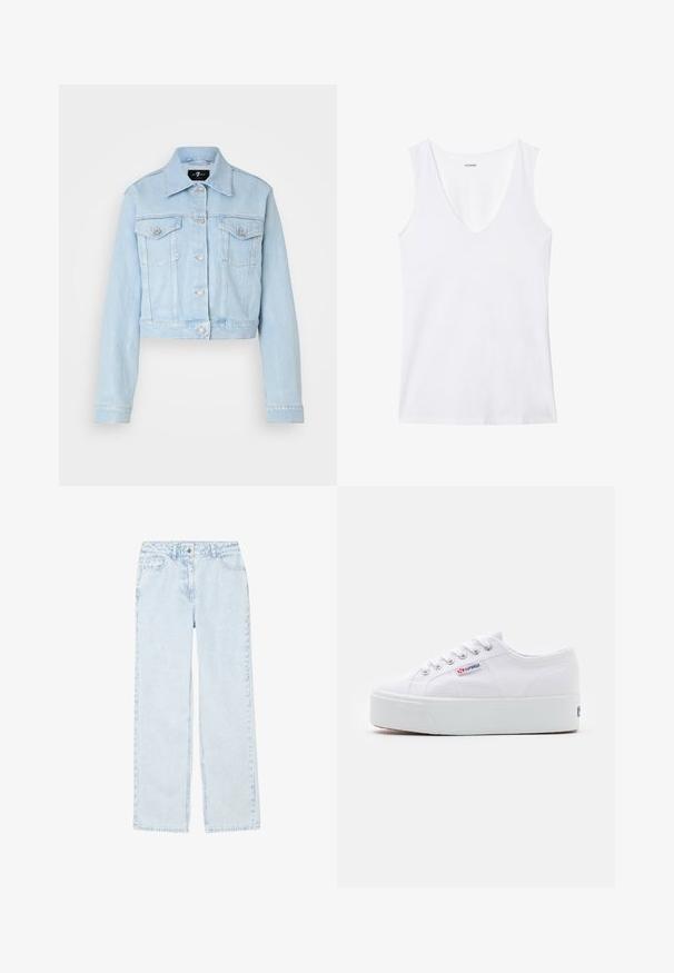 Chaqueta de denim azul claro con un diseño corto, cierre de botones, dos bolsillos en el pecho y detalles de costura sutiles. Cuello clásico y mangas largas.; Top sin mangas blanco con un diseño de escote en V profundo, fabricado con un tejido suave. Presenta un dobladillo recto y un estilo minimalista, sin patrones ni acentos.; Jeans de pernera ancha en azul claro con un sutil patrón de rayas, fabricados en denim. Presentan bolsillos frontales y un cierre clásico de botón.; Zapatilla de lona blanca con una gruesa suela de plataforma blanca, punta redonda y ojales de metal para los cordones. Logotipo de la marca mostrado en el lateral.