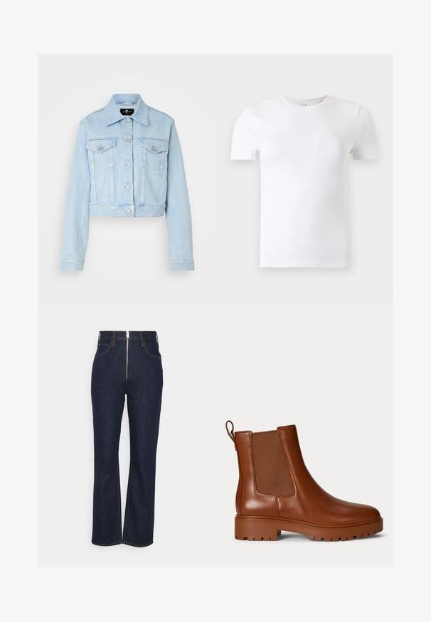 Chaqueta de denim azul claro con un diseño corto, cierre de botones, dos bolsillos en el pecho y detalles de costura sutiles. Cuello clásico y mangas largas.; Camiseta blanca lisa de manga corta con cuello redondo mostrada sobre un fondo gris claro.; FRAME HIGH EXPOSED ZIP - Vaqueros rectos - dark blue; Bota Chelsea de cuero marrón con panel lateral elástico, lengüeta en el talón y suela gruesa con tacos.