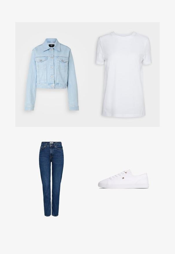 Lichtblauwe denimjasje met een cropped ontwerp, knoopsluiting, twee borstzakken en subtiele stikdetails. Klassieke kraag en lange mouwen.; Effen wit T-shirt met korte mouwen en ronde hals, normale pasvorm en een klein label aan de binnenkant van de hals met de tekst "SELECTED FEMME."; Donkerblauwe spijkerbroek met rechte pijpen, hoge taille, vijf zakken, lichte stiksels en een subtiele textuur.; Witte lage sneaker met vetersluiting, klein rood-wit-zwart vlaglogo aan de zijkant en platte rubberen zool.