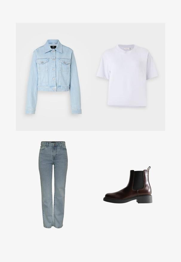 Chaqueta de denim azul claro con un diseño corto, cierre de botones, dos bolsillos en el pecho y detalles de costura sutiles. Cuello clásico y mangas largas.; Camiseta de algodón blanca con un corte relajado, mangas cortas, cuello redondo y sin patrones o adornos visibles. Textura suave.; Jeans de pierna recta de cintura alta en azul claro con cierre frontal de botón y cremallera, cinco bolsillos y pasadores para cinturón.; Botín de cuero marrón con paneles laterales elásticos, puntera redonda y suela de goma negra texturizada. Presenta costuras en contraste y una pestaña para facilitar el calce.