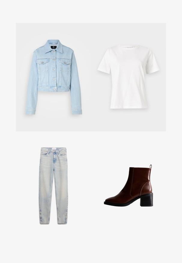 Chaqueta de denim azul claro con un diseño corto, cierre de botones, dos bolsillos en el pecho y detalles de costura sutiles. Cuello clásico y mangas largas.; Camiseta de algodón blanca de manga corta, con cuello redondo y un corte relajado. Textura suave, sin patrones ni acentos, diseño minimalista.; Calvin Klein Jeans Vaqueros boyfriend - denim light; Botín de cuero marrón hasta el tobillo con punta cuadrada y costura lateral, un tacón apilado de 3 pulgadas y una lengüeta en la parte posterior para facilitar su colocación.