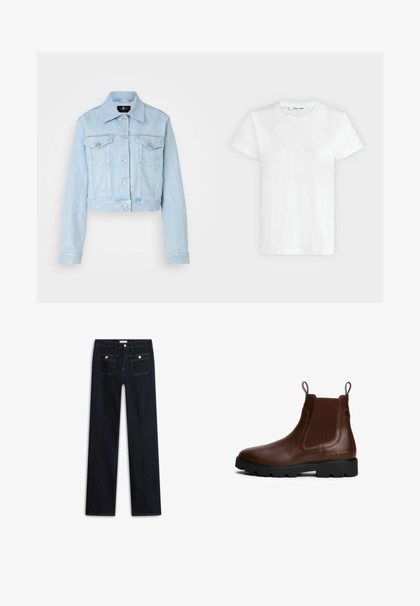 Lichtblauwe denimjasje met een cropped ontwerp, knoopsluiting, twee borstzakken en subtiele stikdetails. Klassieke kraag en lange mouwen.; Effen witte T-shirt met korte mouwen en ronde hals, plat liggend op een lichtgrijze achtergrond, met voorzijde en label aan de binnenkant van de halslijn zichtbaar.; Donkerblauwe spijkerbroek met een rechte pijp, voorzien van twee voorzakken en zichtbare stiknaden. Geen zichtbare slijtage.; Bruine leren Chelsea-boot met elastische zijkanten, trekhaakjes, zwarte rubberen zool en gouden logo-detail aan de zijkant. Glad oppervlak.