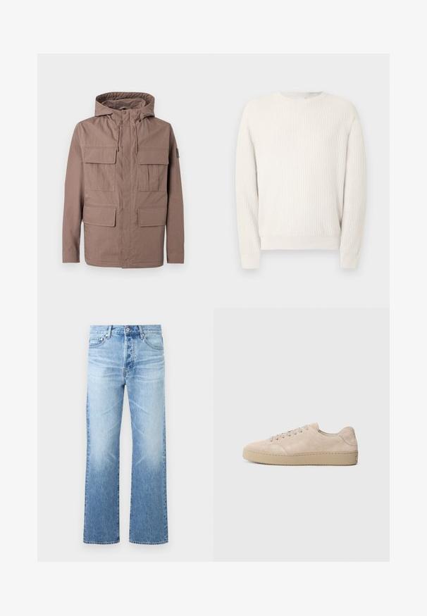 Veste à capuche marron avec quatre poches à rabat à l'avant et une capuche avec cordon de serrage, présentée sur un fond gris clair.; Pull côtelé beige clair avec col rond et manches longues. Présente un tissu texturé et des poignets ajustés, offrant une silhouette décontractée.; Jean en denim bleu clair avec coupe droite, design à cinq poches, fermeture par bouton et légère décoloration sur les cuisses et les genoux.; Baskets en daim beige avec un bout rond, des lacets plats et une semelle en caoutchouc texturé. Design minimaliste avec des bords lisses et des coutures discrètes.