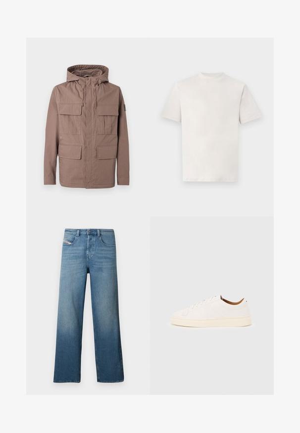 Veste à capuche marron avec quatre poches à rabat à l'avant et une capuche avec cordon de serrage, présentée sur un fond gris clair.; T-shirt blanc uni à manches courtes et col rond, présenté à plat sur un fond blanc.; Jean en denim bleu clair avec une coupe droite, un design à cinq poches et un effet de décoloration subtil. Comprend une fermeture par bouton et fermeture éclair.; Baskets blanches basses avec un design à lacets, des détails de couture minimalistes, et une semelle couleur crème sur un fond gris clair.