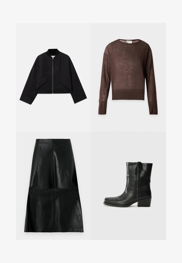 Sort bomberjakke med lynlås foran, cropped design og to vinkelformede lommer. Fremstillet af glat stof med ribbet krave og brede ærmer.; Brun letvægts langærmet rundhalset sweater med ribstrikkede manchetter og kant, vist på en ensfarvet lysegrå baggrund.; Sort knælængde lædernederdel med syede lodrette og vandrette panel syninger, let udvidet for neden.; Sort læder ankelstøvle med rundt tå, blokhæl, lynlås i siden og stikninger på vampsiden. Glat tekstur, klassisk design.