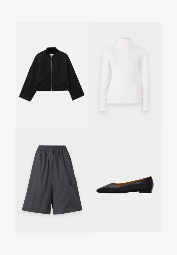Sort bomberjakke med lynlås foran, cropped design og to vinkelformede lommer. Fremstillet af glat stof med ribbet krave og brede ærmer.; Hvid turtleneck sweater, tætsiddende design, lange ærmer, blød tekstur, glat stof, minimal detaljer, ribbede manchetter og krave.; Mørkegrå shorts med elastisk talje, glat front og sidelomme. Fremstillet af et let materiale. Løs, bred benstruktur.; Sort læder flad sko med spids tå, lav hæl og glat finish, vist fra siden på en lysegrå baggrund.