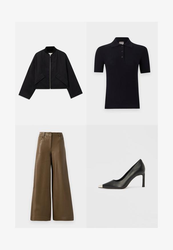 Sort bomberjakke med lynlås foran, cropped design og to vinkelformede lommer. Fremstillet af glat stof med ribbet krave og brede ærmer.; Sort kortærmet polo-shirt med tre-knaps placket og krave, vist mod en ensfarvet lys baggrund.; Breddebenede bukser lavet af glat, brun kunstlæder. Har højt talje, fire lommer og en lynlås foran. Flad tekstur og minimalistisk design.; Sort læder højhælet sko med spids tå og metal-sølv hætte. Har en glat finish og en slank hæl på 10 cm.