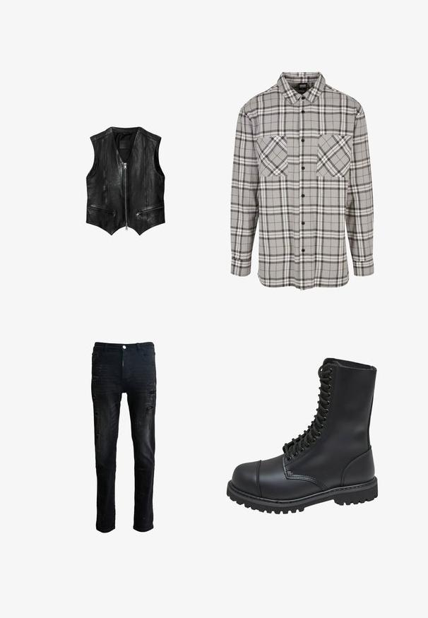 Veste sans manches en cuir noir avec fermeture éclair à l'avant, deux poches diagonales zippées, ourlet en forme de V et design en panneaux cousus.; Chemise à manches longues grise à carreaux, en tissu avec une fermeture à boutons, dotée de deux poches poitrine et d'un col classique.; Jean en denim noir à coupe slim, avec des détails déchirés, des zones usées et une fermeture éclair avec patte boutonnée.; Botte de combat en cuir noir avec un haut tige, fermeture lacée à l'avant, col rembourré et semelle texturée robuste pour une meilleure adhérence. Dotée d'un capuchon de protection renforcé.