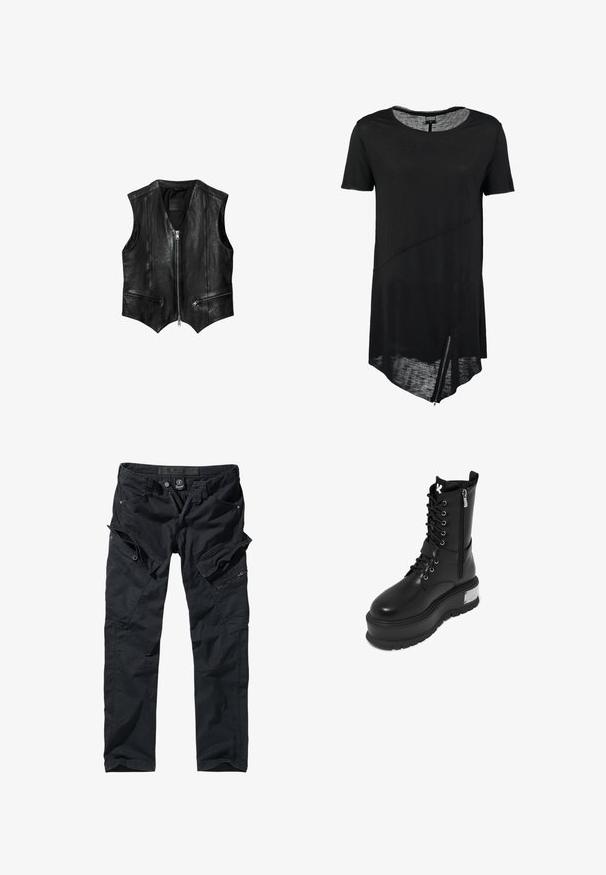 Veste sans manches en cuir noir avec fermeture éclair à l'avant, deux poches diagonales zippées, ourlet en forme de V et design en panneaux cousus.; T-shirt noir à manches courtes avec un col rond, ourlet asymétrique, texture transparente et un détail de zipper sur le côté. Tissu doux et léger.; Pantalons cargo noirs en tissu durable, dotés de multiples poches, de fermetures éclair et d'une taille ajustable pour un confort et une utilité optimaux.; Bottes de combat en cuir synthétique noir avec une plateforme épaisse, présentant un laçage à l'avant, une fermeture éclair et un accent métallique sur le talon.