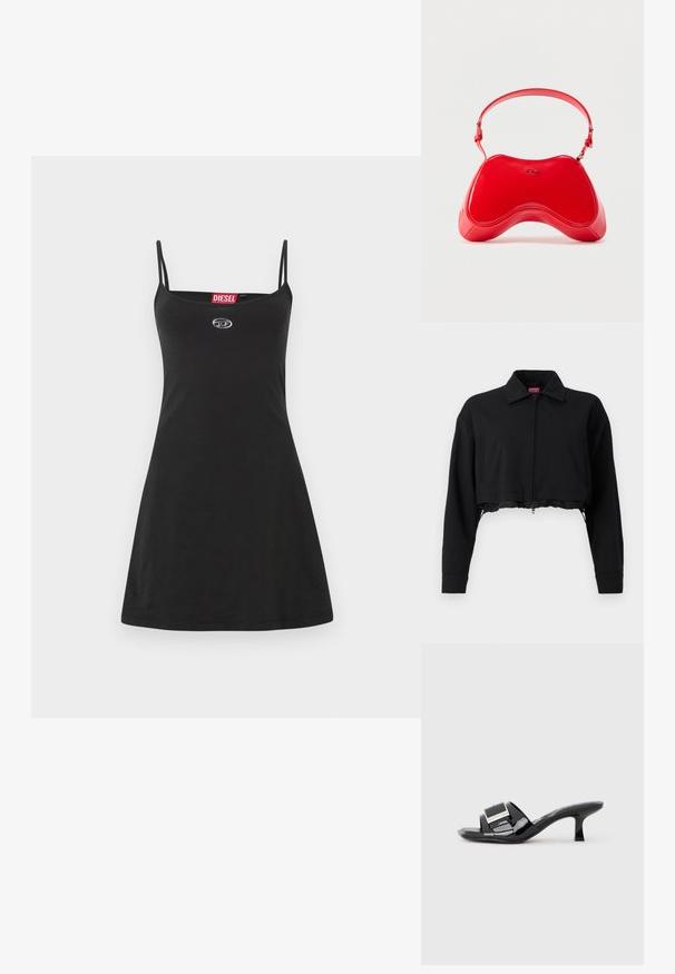 Sort cropped jakke med lynlås foran, to sidelommer og krave. Lavet af glat stof med en tætsiddende silhuet.; Sort tankkjole lavet af blødt stof med smalle stropper og en let udvidet silhuet. Fremviser et rødt Diesel-mærke ved halsudskæringen.; Sorte mules i laklæder med åben tå, brede remme, metallisk detalje og lav firkantet hæl. Glat tekstur med en blank finish.; Rød taske i laklæder med en buet, ergonomisk form, der har en tynd justerbar rem og en diskret logodetalje foran.