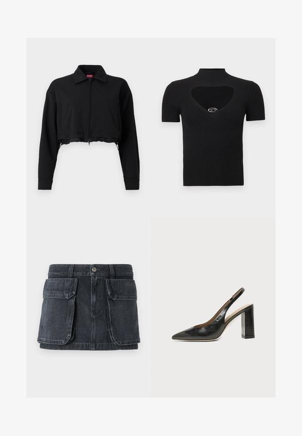 Zwarte cropped jas met een ritssluiting aan de voorkant, twee zijzakken en een kraag. Gemaakt van een gladde stof met een getailleerde pasvorm.; Zwart geribd gebreid topje met een hoge hals en hartvormige uitsnijding. Heeft korte mouwen en een zilveren accent bij de halslijn.; Zwarte denim rok met een aansluitende taille, knoopsluiting, twee grote voorzakken en contrasterende stiksel details.; Zwarte leren slingback schoen met spits toelopend neusje, hoge blokhak en beige binnenvoering tegen een effen lichte achtergrond.