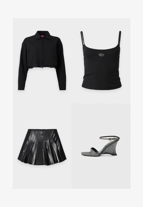 Zwarte cropped jas met een ritssluiting aan de voorkant, twee zijzakken en een kraag. Gemaakt van een gladde stof met een getailleerde pasvorm.; Zwarte geribbelde camisole top met dunne bandjes en een klein metalen logo in het midden. De stof lijkt rekbaar en aansluitend te zijn.; Zwarte plooirok met een glanzende leren voorkant en een effen zwarte tailleband met een klein metalen accent. Gestructureerde leren panelen versterken het ontwerp.; Zilveren glitter sleehak sandaal met open teen, enkelbandje en gouden gesp, zijaanzicht tegen een effen lichte achtergrond.