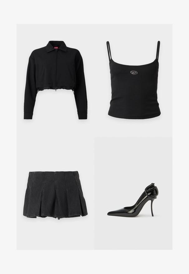 Sort cropped jakke med lynlås foran, to sidelommer og krave. Lavet af glat stof med en tætsiddende silhuet.; Sort ribstrikket camisole-top med tynde stropper og en lille metallisk logo midt på. Stoffet virker strækbart og kropsnært.; Sort plisseret mini nederdel med synlige sømdetaljer, lavet af denimstof, vist mod en ensartet lys baggrund.; Sort laklædersko med høj hæl, spids tå og åben hæl. Har en unik buet detalje ved hælen. Slank og glansfuld finish.