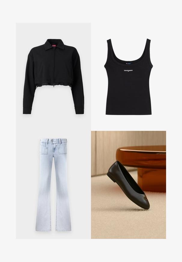 Sort cropped jakke med lynlås foran, to sidelommer og krave. Lavet af glat stof med en tætsiddende silhuet.; Sort ribbet tanktop med brede stropper og hvidt broderet "tommy jeans" logo centreret under halsudskæringen.; Lyseblå denim flare jeans med to baglommer, høj talje og en falmet finish. Har dobbelt knaplukning og bælteslynger.; Sort læder balletflat med rund tå og gyldent logomærke nær tåen, vist mod en beige tæppe og brun møbelbaggrund.