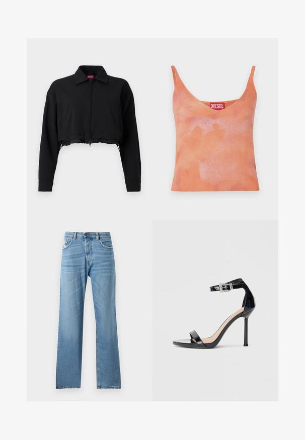 Chaqueta negra corta con cremallera frontal, dos bolsillos laterales y cuello. Fabricada en tejido suave con una silueta ajustada.; Top de tirantes acanalado naranja con escote en V y tirantes finos. Presenta un patrón sutil desvanecido y una etiqueta roja con el nombre de la marca "DIESEL."; Jeans de mezclilla azul claro con un diseño de pierna recta, que presentan una cintura estándar, cinco bolsillos y un desvanecimiento sutil en la tela.; Sandalia de tacón alto en piel sintética negra con correa en el tobillo. Presenta un diseño minimalista, punta abierta y una hebilla con detalles de pedrería.