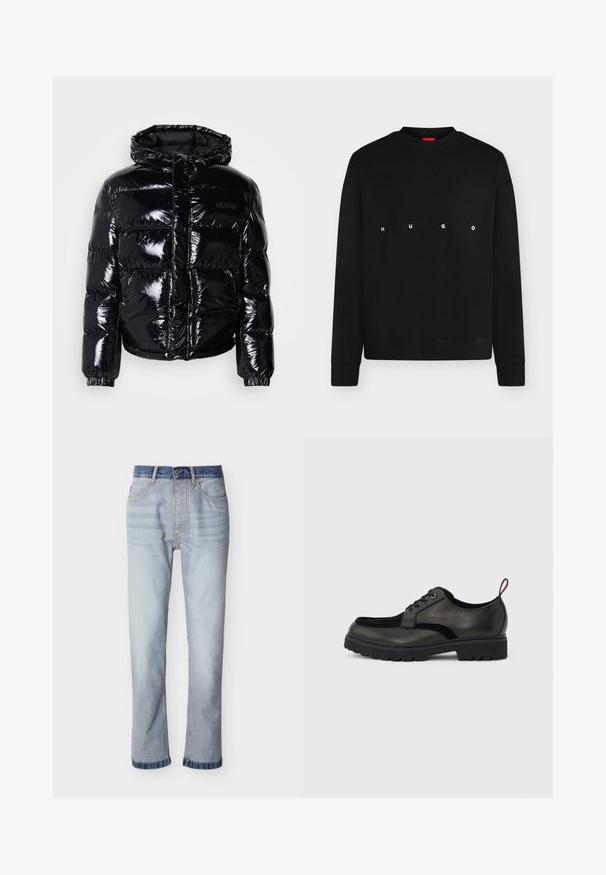 Veste doudoune noire avec une finition brillante, dotée d'une capuche, d'une fermeture éclair et de poignets élastiques. Conçue avec des sections matelassées horizontales.; Sweat-shirt noir à manches longues col rond avec "HUGO" imprimé en lettres blanches espacées sur la poitrine.; Jean denim bleu clair avec une ceinture bleu foncé, coupe droite, cinq poches et détails de couture visibles.; Chaussure noire en cuir à lacets avec semelle épaisse crantée et languette rouge à l'arrière, vue de profil sur un fond gris clair.