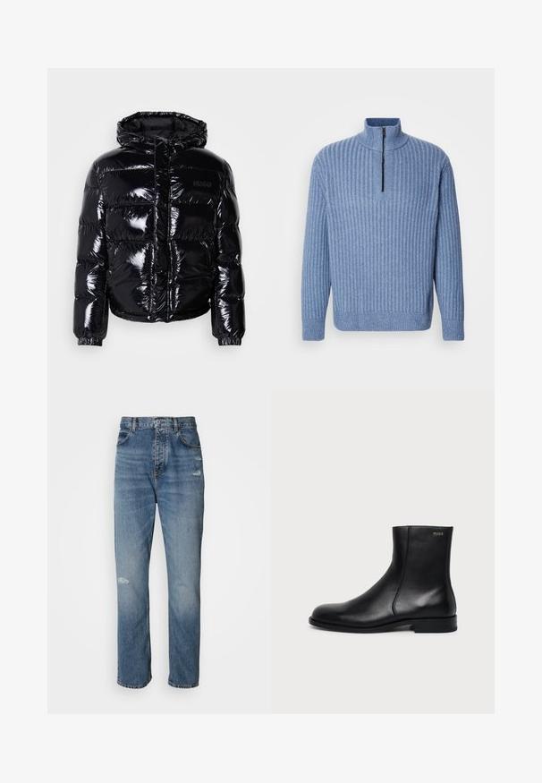 Veste doudoune noire avec une finition brillante, dotée d'une capuche, d'une fermeture éclair et de poignets élastiques. Conçue avec des sections matelassées horizontales.; Pull en tricot côtelé bleu clair avec un col montant et une fermeture éclair partielle au niveau du cou ; il a des manches longues et un ourlet droit.; Jean en denim bleu clair au design droit, avec une fermeture à bouton et zip, cinq poches et des détails usés près des genoux.; Bottine en cuir noir à talon bas, couture latérale et petit logo "HUGO" sur le revers supérieur sur un fond uni.