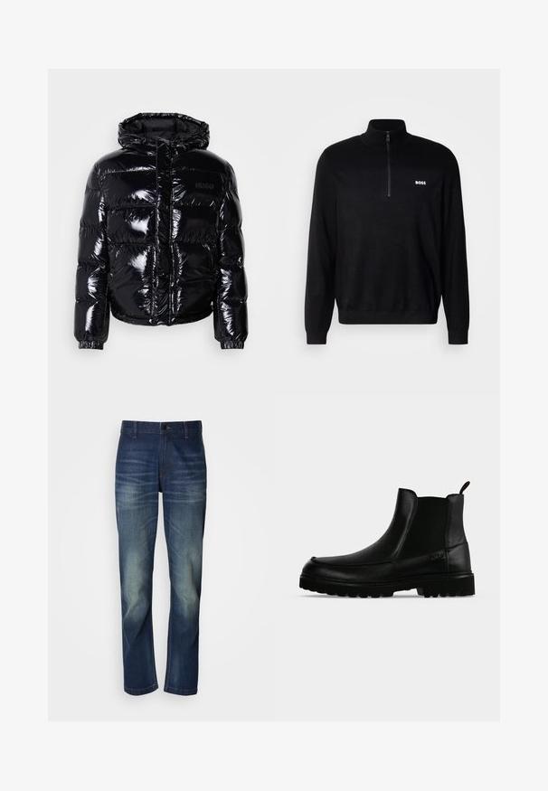 Veste doudoune noire avec une finition brillante, dotée d'une capuche, d'une fermeture éclair et de poignets élastiques. Conçue avec des sections matelassées horizontales.; Pull-over noir avec un col zippé à mi-longueur, présentant une texture côtelée aux épaules et un petit logo blanc "BOSS" sur la poitrine.; Jean en denim bleu foncé avec une coupe droite, présentant un délavage à l'avant, une braguette à boutons et un design classique à cinq poches.; Bottine noire en cuir avec semelle texturée, panneaux latéraux élastiques et languette de tirage sur fond gris clair.