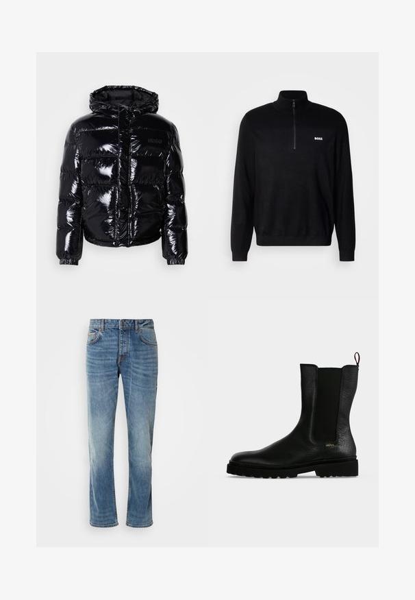 Veste doudoune noire avec une finition brillante, dotée d'une capuche, d'une fermeture éclair et de poignets élastiques. Conçue avec des sections matelassées horizontales.; Pull-over noir avec un col zippé à mi-longueur, présentant une texture côtelée aux épaules et un petit logo blanc "BOSS" sur la poitrine.; Jean en denim bleu clair avec des jambes droites, cinq poches, des coutures contrastantes et une finition délavée. Dispose d'un bouton et d'un zip pour le maintien.; Bottine en cuir noir avec un panneau latéral élastique, une semelle épaisse et une languette à l’arrière, featuring un petit logo doré "Hugo" près du talon.
