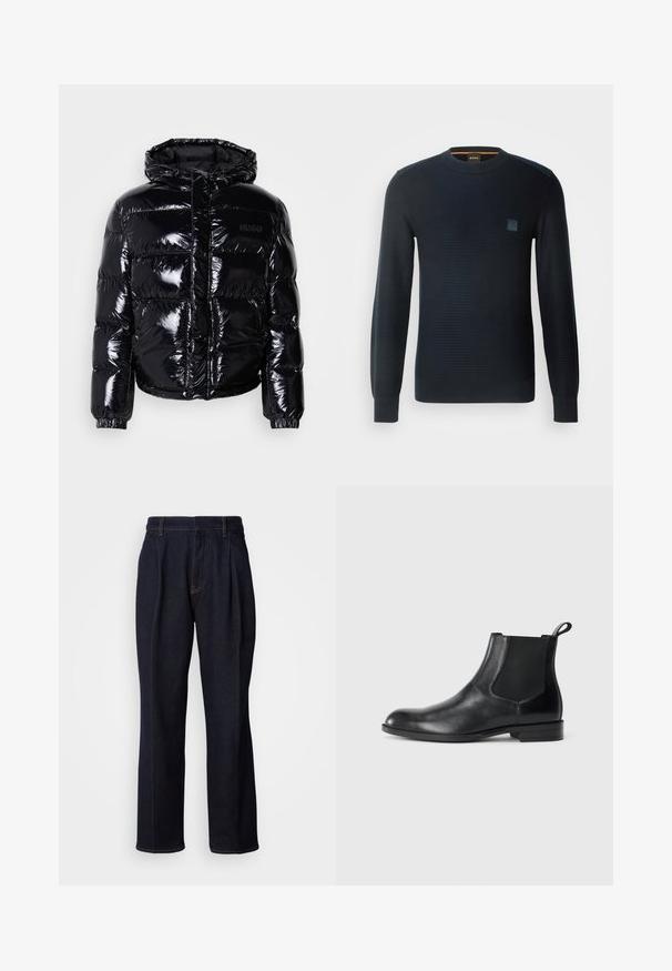 Veste doudoune noire avec une finition brillante, dotée d'une capuche, d'une fermeture éclair et de poignets élastiques. Conçue avec des sections matelassées horizontales.; Pull en tricot bleu marine à manches longues, col rond, tissu texturé et un petit logo brodé sur la poitrine.; Jean en denim large à jambes bleues foncées avec des plis devant et des coutures orange, présenté sur fond blanc.; Bottine en cuir noir avec des panneaux latéraux élastiques, bout rond et tirette. Texture lisse, semelle plate, design minimaliste.
