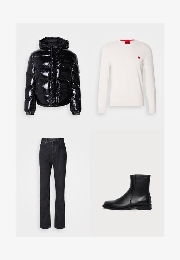 Veste doudoune noire avec une finition brillante, dotée d'une capuche, d'une fermeture éclair et de poignets élastiques. Conçue avec des sections matelassées horizontales.; Pull en col rond blanc avec des manches longues, fabriqué en tissu doux. Il présente un petit patch logo rouge sur la poitrine et une étiquette rouge contrastante sur le col.; Jean en denim noir taille haute avec fermeture à bouton et à glissière, poches avant et arrière, et coupe droite.; Bottine en cuir noir à talon bas, couture latérale et petit logo "HUGO" sur le revers supérieur sur un fond uni.