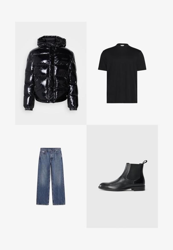 Veste doudoune noire avec une finition brillante, dotée d'une capuche, d'une fermeture éclair et de poignets élastiques. Conçue avec des sections matelassées horizontales.; T-shirt noir avec un col court et haut. Confectionné dans un tissu doux, il comporte des manches courtes et une coupe décontractée sans motifs ni accents notables.; Jean en denim bleu coupe droite avec poches avant, passants de ceinture et fermeture par boutons, posé à plat sur fond blanc.; Bottine en cuir noir avec des panneaux latéraux élastiques, bout rond et tirette. Texture lisse, semelle plate, design minimaliste.