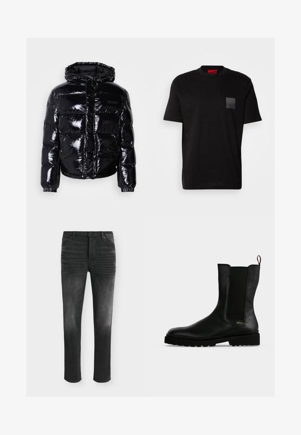 Veste doudoune noire avec une finition brillante, dotée d'une capuche, d'une fermeture éclair et de poignets élastiques. Conçue avec des sections matelassées horizontales.; T-shirt en coton noir à col rond, avec un patch texturé noir portant un logo sur la poitrine gauche. Manches courtes et coupe décontractée.; Jean skinny noir avec des détails délavés, style cinq poches et fermeture par bouton à la taille.; Bottine en cuir noir avec un panneau latéral élastique, une semelle épaisse et une languette à l’arrière, featuring un petit logo doré "Hugo" près du talon.