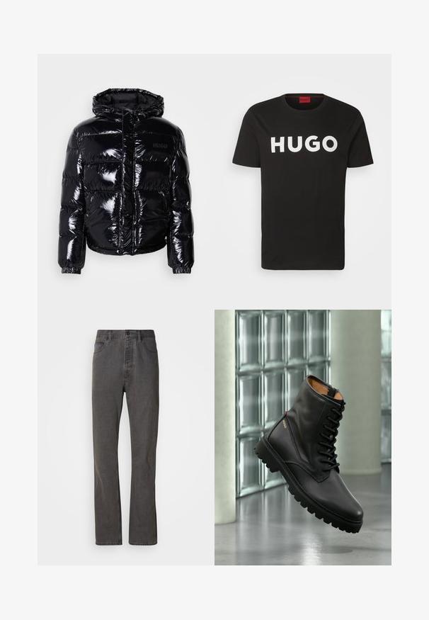 Veste doudoune noire avec une finition brillante, dotée d'une capuche, d'une fermeture éclair et de poignets élastiques. Conçue avec des sections matelassées horizontales.; T-shirt en coton noir avec un col rond et des manches courtes, orné d'un logo blanc "HUGO" bien visible à l'avant.; Jeans en denim gris avec une coupe droite, dotés de poches avant, d'une fermeture à bouton et d'une texture subtile.; Botte de combat en cuir noir à lacets avec semelle épaisse, logo doré "HUGO" sur le côté, exposée dans un cadre intérieur moderne avec un mur en blocs de verre en arrière-plan.