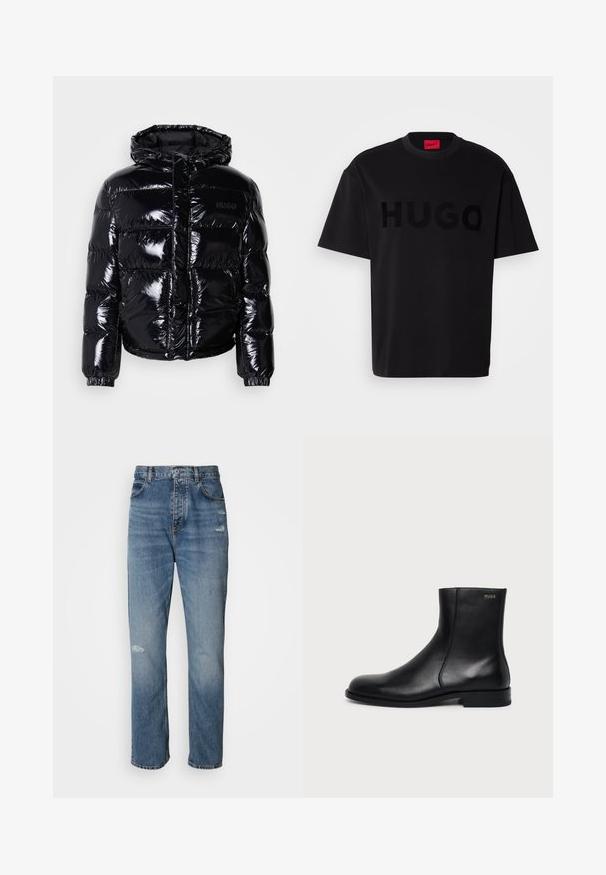 Veste doudoune noire avec une finition brillante, dotée d'une capuche, d'une fermeture éclair et de poignets élastiques. Conçue avec des sections matelassées horizontales.; T-shirt en coton noir à manches courtes, col rond, arborant un grand logo "HUGO" noir brillant sur le devant. Tissu lisse.; Jean en denim bleu clair au design droit, avec une fermeture à bouton et zip, cinq poches et des détails usés près des genoux.; Bottine en cuir noir à talon bas, couture latérale et petit logo "HUGO" sur le revers supérieur sur un fond uni.