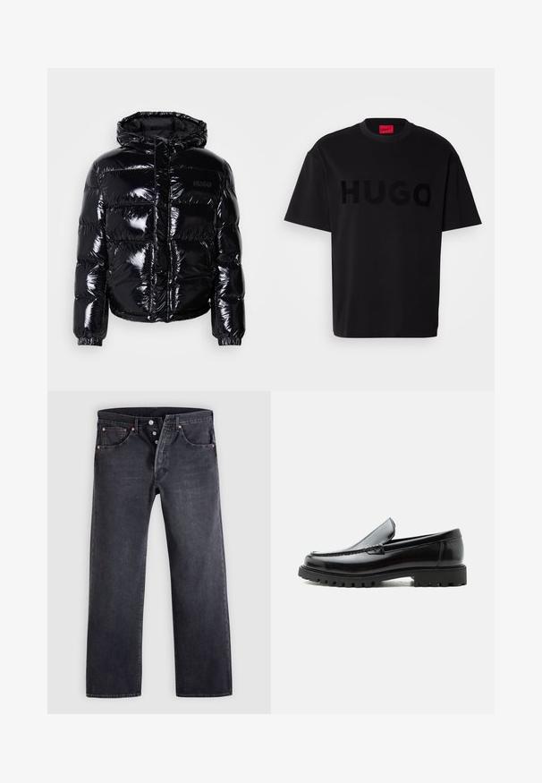 Veste doudoune noire avec une finition brillante, dotée d'une capuche, d'une fermeture éclair et de poignets élastiques. Conçue avec des sections matelassées horizontales.; T-shirt en coton noir à manches courtes, col rond, arborant un grand logo "HUGO" noir brillant sur le devant. Tissu lisse.; Jean en denim noir avec une coupe droite, design à cinq poches, et boutons en cuivre. Texture lisse avec une légère finition délavée.; Mocassin en cuir noir avec semelle en caoutchouc épaisse, dessus cousu et nom de marque embossé sur le talon, présenté de profil sur fond blanc.