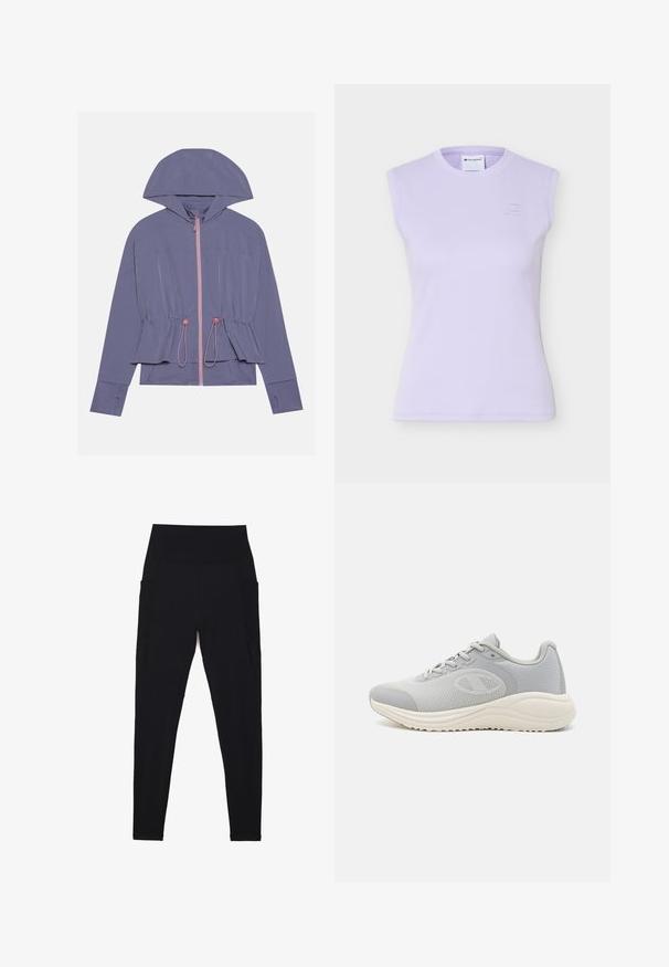Chaqueta de color púrpura claro con capucha, que presenta una cremallera rosa y un cordón en la cintura. Textura suave y corte relajado, con un sutil detalle de costuras.; Top lilac sin mangas con textura acanalada, cuello redondo y un sutil logo bordado de Champion en el pecho izquierdo.; Leggings negras con una cintura alta acanalada, diseño sin costuras, bolsillos laterales y textura suave en toda la prenda.; Zapatillas deportivas grises con parte superior de malla, cierre de cordones y suela blanca moldeada; presentan un patrón texturizado y un acento de logo.