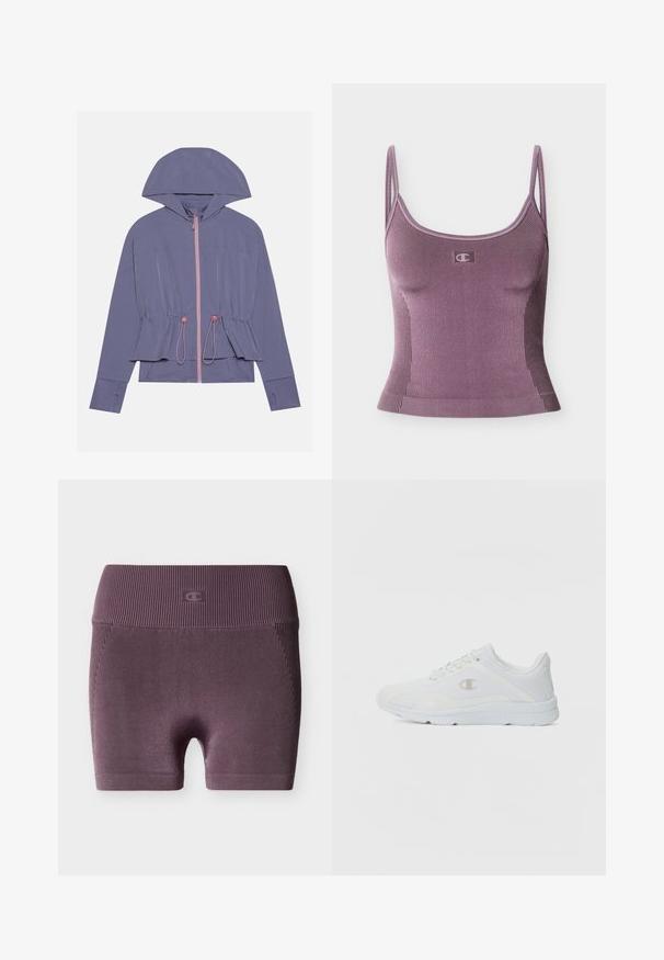 Lichtpaarse jas met een capuchon, voorzien van een roze rits en een trekkoord in de taille. Vriendelijke textuur en ontspannen pasvorm, met subtiele stikseldetails.; Paarse geribbelde tanktop met dunne schouderbandjes en een klein logo in het midden onder de halslijn tegen een effen achtergrond.; Naadloze geribde paarskleurige biker shorts met hoge taille en een klein reliëflogo in het midden van de tailleband tegen een witte achtergrond.; Witte sportieve schoenen met een gestructureerde mesh bovenkant, gevoerde kraag en een contrasterend logo aan de zijkant. Beschikt over een lichtgewicht rubberen zool.