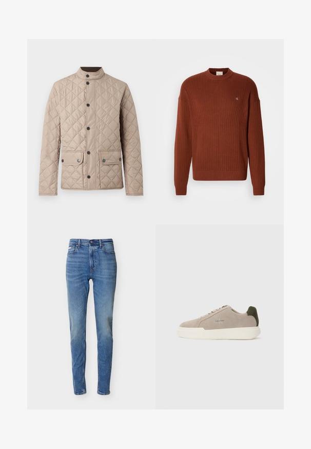 Barbour LOWERDALE JACKET - Jas - washed stone/classic; Roodbruine geribde trui met een ronde hals, voorzien van een klein logo op de borst en een relaxte pasvorm. Gemaakt van een textiel met een structuur.; Middenblauwe slim-fit jeans met hoge taille, voorzijde met knoop en rits, vijfzakkenontwerp en subtiele vervaging op dijen en knieën.; Beige suède sneakers met een witte rubberen zool, voorzien van een donkergroene hielaccent en subtiele branding aan de zijkant.
