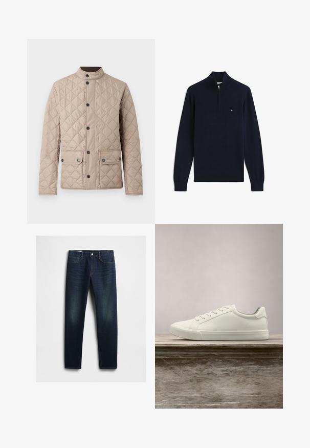 Barbour LOWERDALE JACKET - Ελαφρύ μπουφάν - washed stone/classic; Μακρυμάνικη μπλε μπλούζα ναυτικού τύπου με γιακά με φερμουάρ τέταρτου μήκους και μικρό κόκκινο, λευκό και μπλε λογότυπο στο αριστερό μέρος του στήθους.; Σκούρες μπλε τζιν παντελόνες με ίσια γραμμή, διαθέτοντας πέντε τσέπες, κουμπί για κλείσιμο και διακριτική φθορά στους μηρούς. Κλασική λεπτομέρεια ραφής.; Λευκά sneakers με κορδόνια που αιωρούνται πάνω από ξύλινο παγκάκι με πράσινη βλάστηση στο φόντο, επιδεικνύοντας το σχέδιο και την υφή του παπουτσιού.
