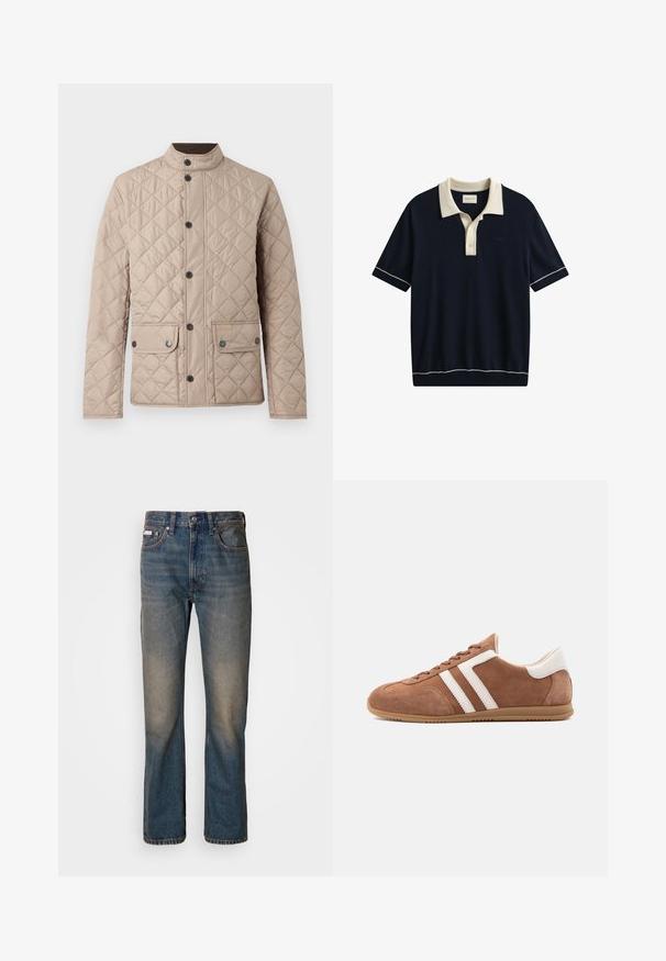 Barbour LOWERDALE JACKET - Jas - washed stone/classic; Marineblauw poloshirt met korte mouwen, witte kraag, knopenlijst en witte afwerking aan mouwen en zoom.; Hoge taille blauwe spijkerbroek van denim, met een rechte pijpontwerp, vervaagde versleten plekken en traditionele vijf-pocket styling.; Bruine suède sneaker met witte lederen strepen en hielstuk, beige rubberen zool en vetersluiting, zijaanzicht op witte achtergrond.