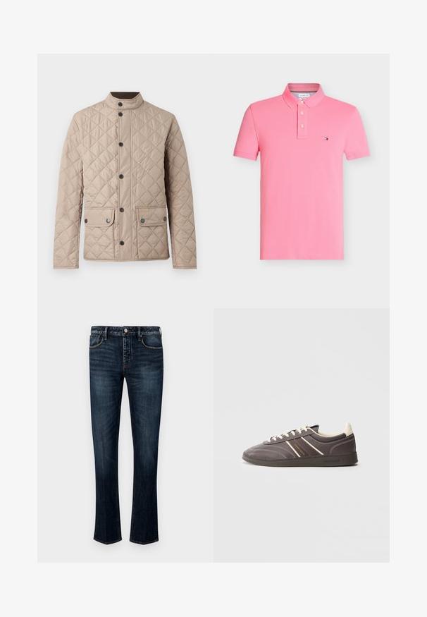 Barbour LOWERDALE JACKET - Übergangsjacke - washed stone/classic; Rosa Polohemd mit kurzen Ärmeln, Kragen, drei Knöpfen und einem kleinen rechteckigen Logo auf der linken Brust.; Dunkelblaue Jeans aus Denim mit geradem Bein, fünf Taschenstil, sichtbaren Nähten sowie einem Knopf- und Reißverschluss.; Dunkelgraue Sneakers mit cremefarbenen Akzenten, Gummisohle, Schnürdesign und Seitenstreifen. Verfügt über gestickte Details und Markenlogo.