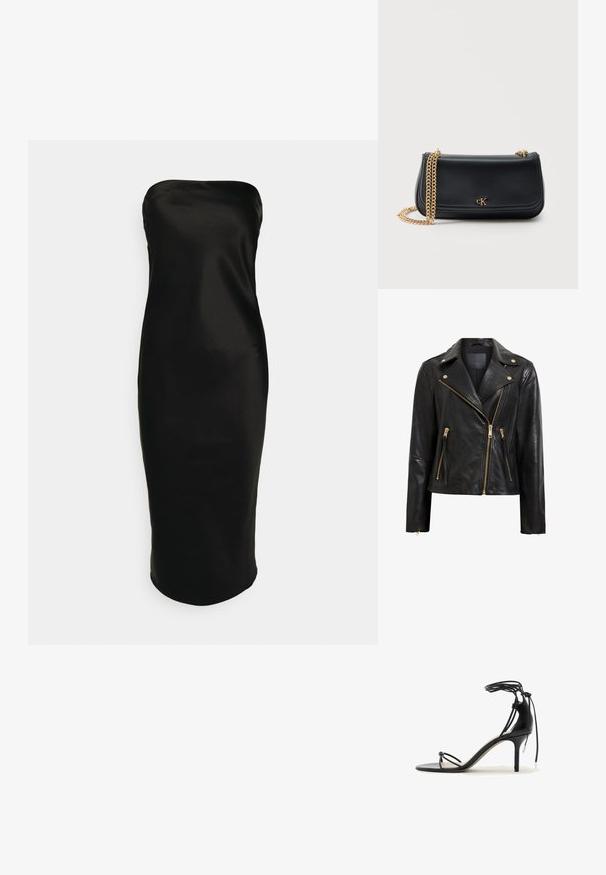 Chaqueta de motociclista de cuero negro con detalles dorados, que presenta un cierre de cremallera asimétrico, múltiples bolsillos con cremallera y un cuello.; Gina Tricot TUBE MIDI DRESS - Vestido de cóctel - black; Sandalia negra de tacón alto con finas tiras, lazo alrededor del tobillo y tacón de aguja de altura media sobre fondo blanco.; Bolso de hombro de cuero negro con correa de cadena dorada y pequeño logo dorado "cK" centrado en la solapa frontal sobre un fondo liso.