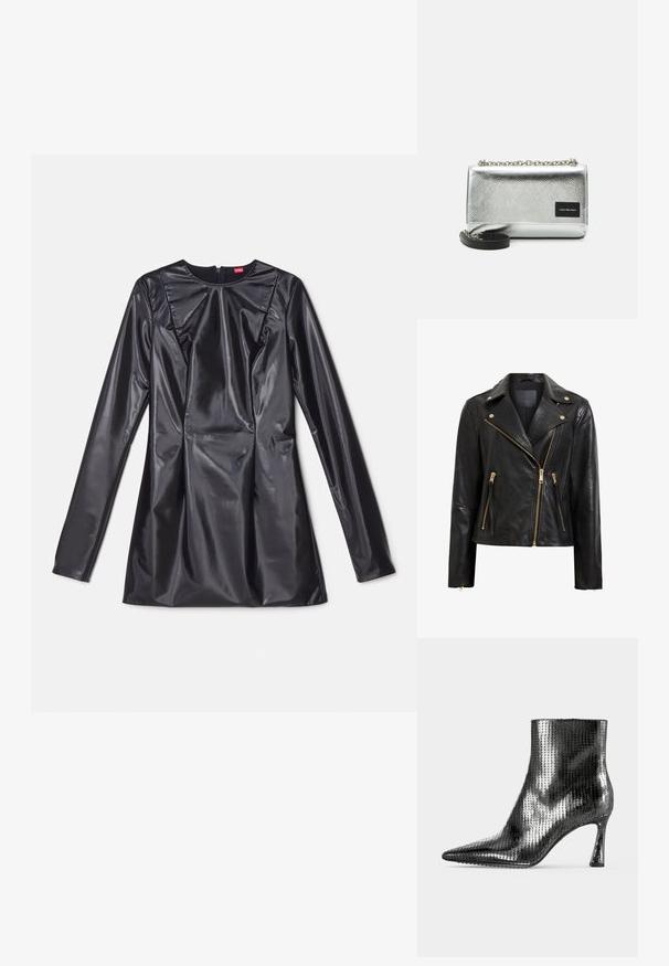 Chaqueta de motociclista de cuero negro con detalles dorados, que presenta un cierre de cremallera asimétrico, múltiples bolsillos con cremallera y un cuello.; 032c TRAPEZE TOO TIGHT MINI DRESS - Vestido de cóctel - black luster; Botín negro con punta afilada, tacón fino de altura media y superficie texturizada brillante que recuerda a las lentejuelas.; Calvin Klein Jeans SCULPTED FLAP - Bolso de mano - metallic