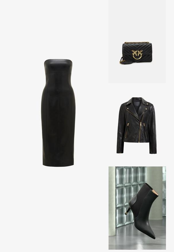 Chaqueta de motociclista de cuero negro con detalles dorados, que presenta un cierre de cremallera asimétrico, múltiples bolsillos con cremallera y un cuello.; Vestido de cuero negro, sin tirantes, con una silueta ajustada, de longitud hasta la rodilla, textura suave y costuras verticales para mayor definición.; Botín negro de punta afilada con tacón bajo y panel lateral, flotando sobre un suelo reflectante frente a ventanas de bloques de vidrio.; Bolso de mano de cuero negro con diseño de chevron, herrajes en tono dorado con motivo de ave y correa de cadena desmontable. Forma compacta y rectangular.