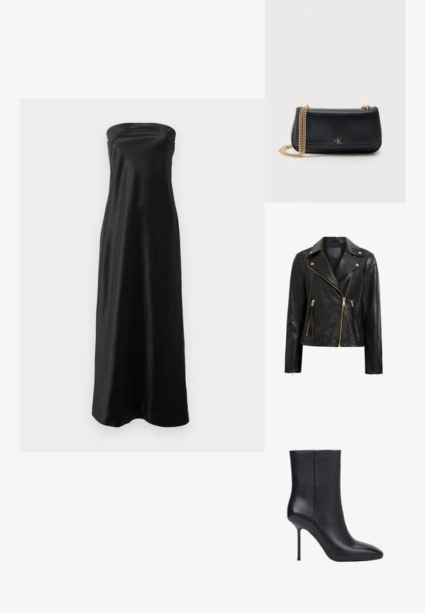 Schwarze Motorrad-Lederjacke mit goldenen Beschlägen, asymmetrischem Reißverschluss, mehreren Reißverschlusstaschen und einem Kragen.; Schwarzes strapless Maxikleid aus Satinmaterial, mit einem schlichten Design, glatter Textur und fließender Silhouette.; Schwarzer Leder-Stiefelette mit spitzer Spitze und dünnem Stiletto-Absatz, glatte Textur, Seitenansicht auf weißem Hintergrund.; Schwarze Lederschultertasche mit goldener Kettenriemen und kleinem goldenen "cK"-Logo mittig auf der vorderen Klappe vor einfarbigem Hintergrund.