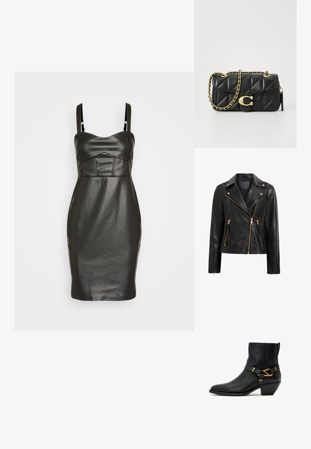 Chaqueta de motociclista de cuero negro con detalles dorados, que presenta un cierre de cremallera asimétrico, múltiples bolsillos con cremallera y un cuello.; Vestido de cuero sintético negro con una silueta ajustada, tirantes finos y un corsé estructurado y acolchado que presenta costuras verticales. Textura suave.; Bota de tobillo de cuero negro con tacón bajo en forma de bloque inclinado, punta puntiaguda y hebilla decorativa de tono dorado con remaches en la correa lateral.; Bolso de mano de cuero negro acolchado con una correa de cadena dorada y un cierre de toggle con un acento circular. Forma rectangular compacta.