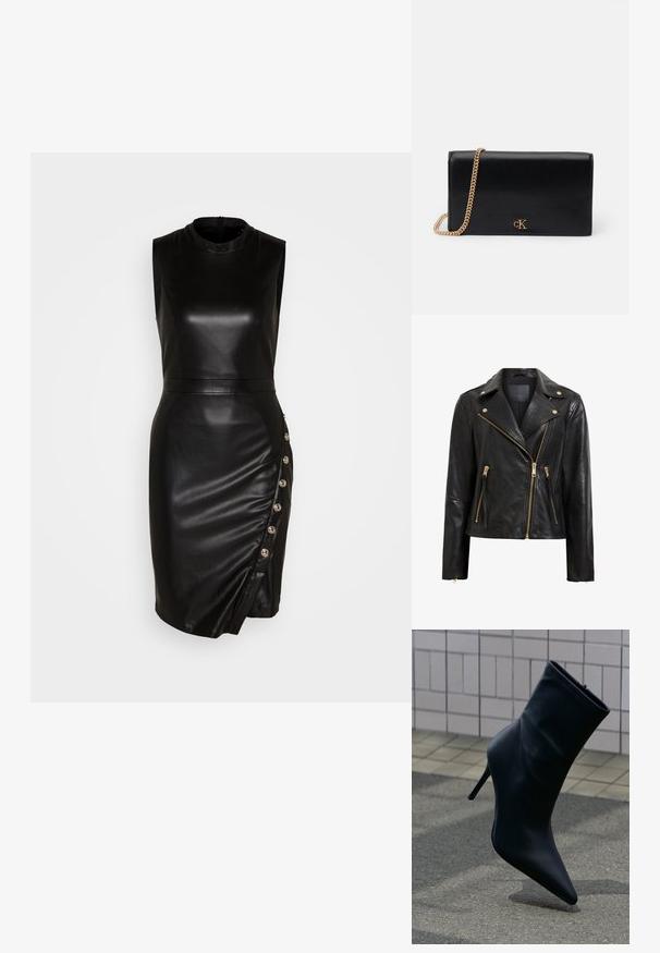 Chaqueta de motociclista de cuero negro con detalles dorados, que presenta un cierre de cremallera asimétrico, múltiples bolsillos con cremallera y un cuello.; Vestido sin mangas de cuero negro con un escote alto, silueta ajustada, dobladillo asimétrico y botones decorativos a lo largo de la costura lateral.; Bota de cuero negro para el tobillo con puntera puntiaguda y tacón de aguja alto sobre una acera de baldosas y fondo de suelo asfaltado.; Bolso de mano negro de piel con correa de cadena dorada, de forma rectangular, con un logo metálico en la parte frontal. Textura suave, diseño minimalista.
