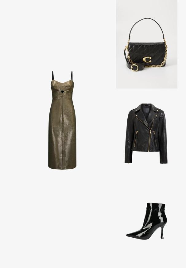 Chaqueta de motociclista de cuero negro con detalles dorados, que presenta un cierre de cremallera asimétrico, múltiples bolsillos con cremallera y un cuello.; Vestido midi de bronce metálico con tirantes negros finos y un pequeño corte frontal debajo del busto en una tela texturizada.; Botín de charol negro con puntera afilada, acabado brillante, diseño elegante y tacón de aguja estrecho. Detalles decorativos en las correas.; Bolso de mano de cuero negro con diseño acolchado, una correa de cadena dorada y un prominente cierre dorado. Cuenta con una correa de cuero desmontable para mayor versatilidad.